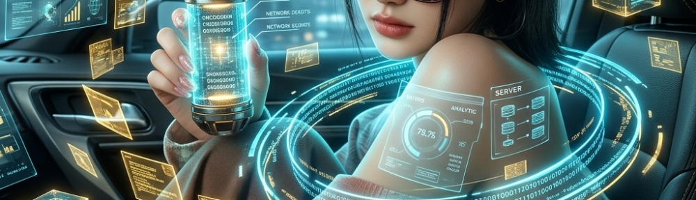 Seorang wanita futuristik di dalam mobil teknologi tinggi sedang mengumpulkan data digital untuk strategi transfer pemain sepak bola.